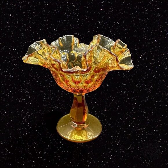 Fenton Other - Fenton Amber Hobnail Ruffled Edge Compote Candy Dish Art Glass 6"T 5.5”W